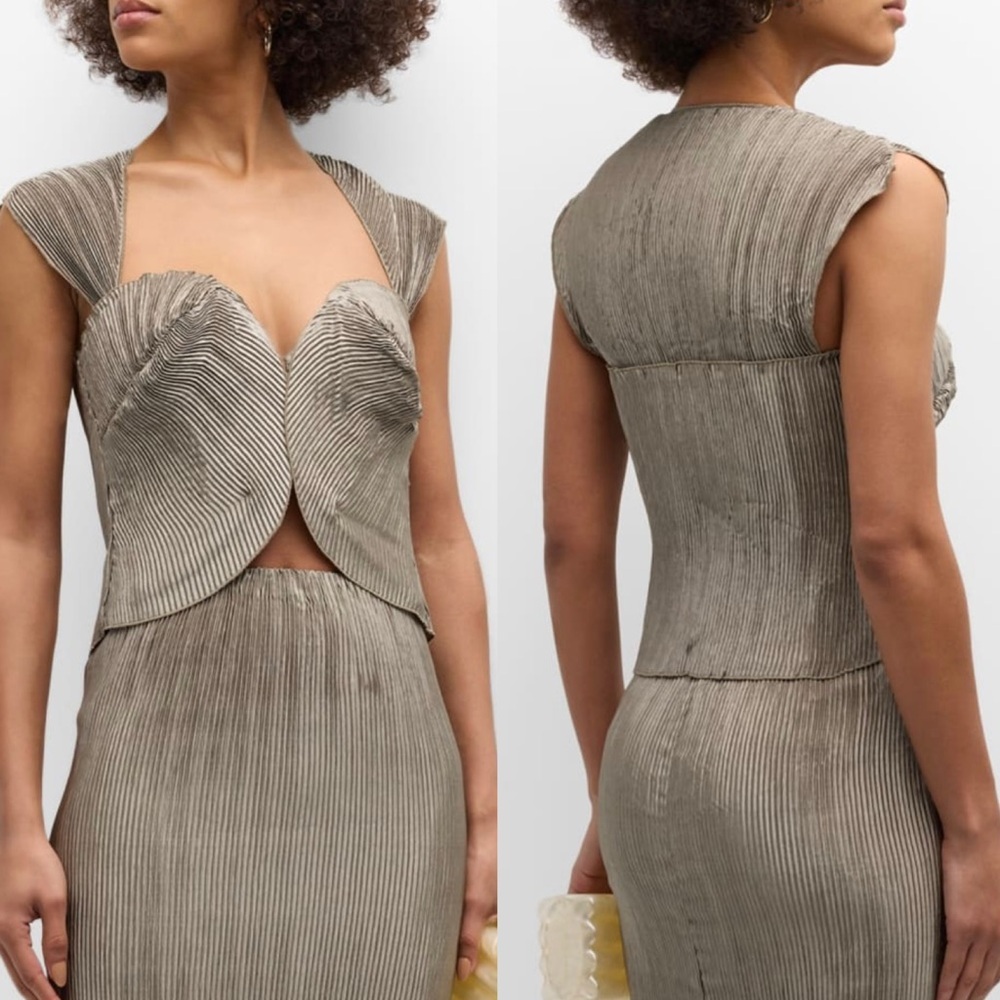 Cult Gaia Milli Satin Structured Pleated Sweetheart Neckline Scalloped Crop Top